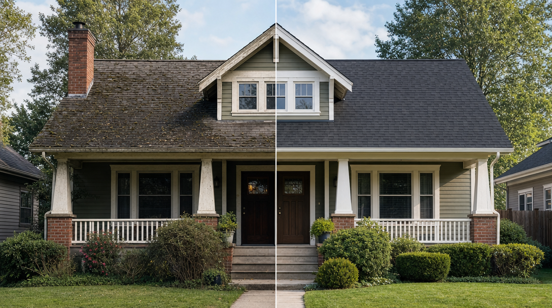 Before and after roof replacement on the same house