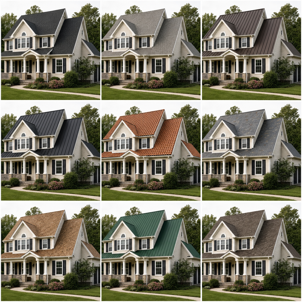 The same house rendered with nine different roofing materials