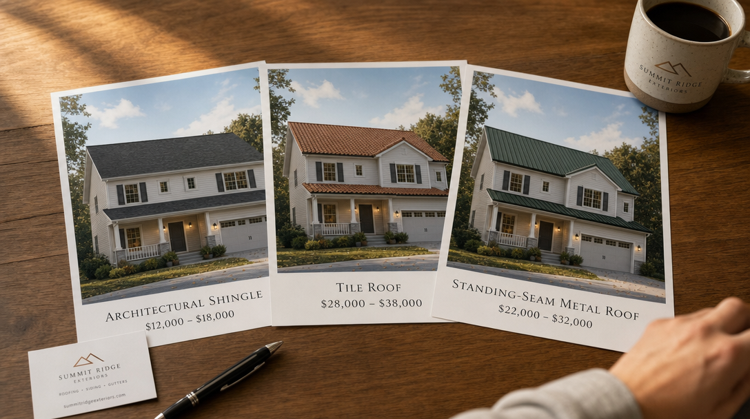 The same house rendered with nine different roofing materials